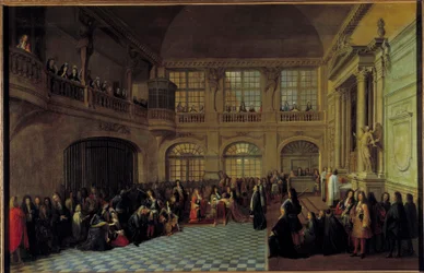 Re Luigi XIV riceve il giuramento del Marchese de Dangeau, gran maestro degli ordini riuniti di Nostra Signora del Monte Carmelo e San Lazzaro, nella cappella del castello di Versailles, il 18 dicembre 1695