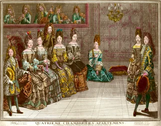 Danza nella quarta camera degli appartamenti della famiglia di Luigi XIV (1638-1715) durante le serate di appartamento a Versailles intorno al 1696: il Duca di Chartres danza il minuetto con Mademoiselle alla presenza della Duchessa del Maine, il Duca di B