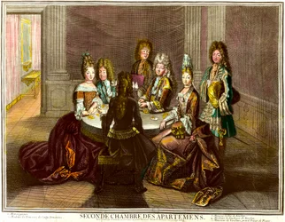 La corte che gioca a carte nella seconda camera degli appartamenti di Luigi XIV