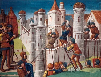 Assedio di una città, miniatura dal manoscritto "Il romanzo di Ogier il Danese"