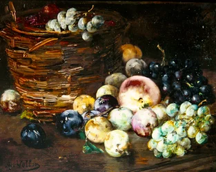Natura morta di un cesto con frutta su un tavolo