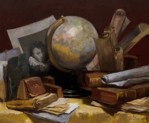 Natura morta con una mappa del mondo, libri e pergamene