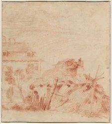 Veduta di una casa, un cottage e due figure [verso]