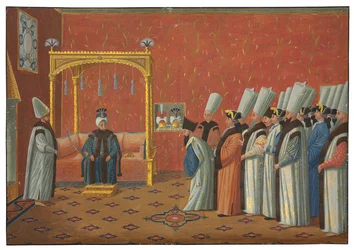 La presentazione del conte de Vergennes, ambasciatore di Luigi XV, al sultano Uthman III nella Sala del Trono del Palazzo Topkapi il 3 giugno 1755