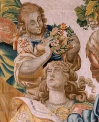 Arazzo fiammingo. Serie Storia di Teseo. Bacco prende Arianna come moglie. Nono arazzo della serie. Modello Anthonis Sallaert. Manifattura Jan Raes il Giovane, Bruxelles. Ca 1630. Tessuto Seta e lana. Dimensioni 392 x 45