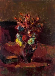 Bouquet di fiori con tovaglia rossa