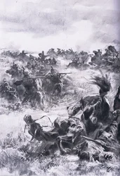 Sconfitta della 14ª Brigata di Cavalleria Russa a Praszysz, da La storia illustrata della guerra mondiale 1914-1915 pub. da Union Berlagsefellfchaft