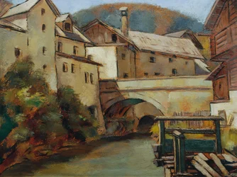 Veduta di una città con fiume e ponte