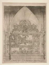 Nicchia ad arco decorata con ritratti e scene di genere