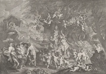 La festa di Venere, con gruppi di satiri, ninfe e putti che danzano intorno a una statua di Venere, 1732