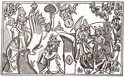 La grande prostituta di Babilonia cavalca la bestia a sette teste e gli angeli mietono il grano mentre tengono prigioniero il diavolo