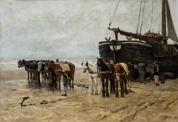Olandese: Bomschuit con cavalli da traino sulla spiaggia di Scheveningen Barca da pesca con cavalli da traino sulla spiaggia di Scheveningen