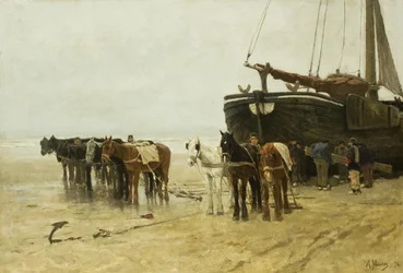 Olandese: Bomschuit con cavalli da traino sulla spiaggia di Scheveningen Barca da pesca con cavalli da traino sulla spiaggia di Scheveningen