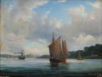 Scena del fiordo con barche da pesca e un piroscafo a pale