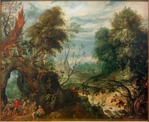 Paesaggio boschivo con mercanti