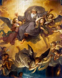 Adorazione dei pastori con Dio Padre in una gloria di angeli