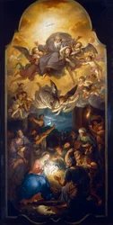 Adorazione dei pastori con Dio Padre in una gloria di angeli