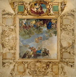 Apollo e Atena premiano i talenti e Minerva affiancata da cariatidi e medaglioni raffiguranti Marte, Venere, Ercole e Cibele