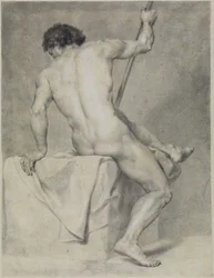 Nudo maschile seduto visto di spalle, con un braccio appoggiato a sinistra e l’altro che regge un bastone