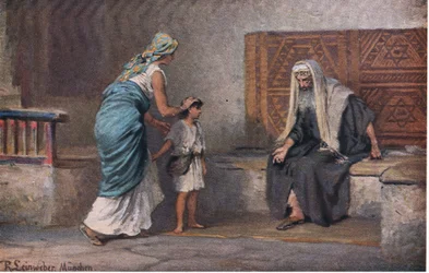 Anna porta Samuele a Eli, da La storia della Bibbia di Hulbert, pubblicata dalla John Winston Company, 1932