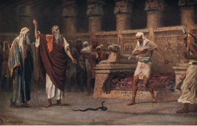 Mosè e Aronne davanti al faraone, da Storia della Bibbia di Hulbert, pubblicata da The John Winston Company, 1932
