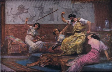 Saul lancia il suo giavellotto a Davide, da Hulberts Story of the Bible pubblicato da The John Winston Company, 1932