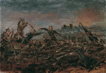 Danza della morte sul campo di battaglia davanti a rovine in fiamme