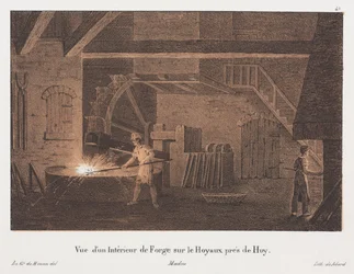 Interno di una fucina vicino a Huy, Belgio, inciso da Jean-Baptiste Jobard