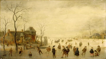 Paesaggio invernale con pattinatori, giocatori di golf e contadini su corsi d