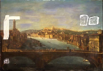 Veduta di Verona con la Chiesa di S. Anastasia, il Castel San Pietro, il Castel San Felice e il Ponte Nuovo sul fiume Adige, 1735