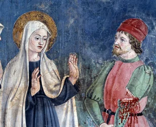 Vita di Santa Francesca Romana: Al suo ritorno da San Giovanni in Laterano, la santa guarisce un uomo con un braccio tagliato (dettaglio)