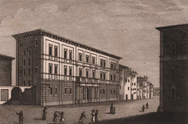 Veduta del Palazzo Episcopale a Pistoia, Toscana, Italia, incisione in rame di Antonio Morghen (1788-1853), circa 13x9.5 cm