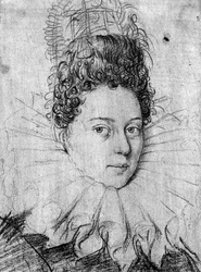 Ritratto di una giovane donna con colletto e acconciatura elaborata