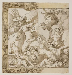 Daniele nella fossa dei leoni in una cornice elaborata