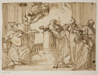 Quattro dogi e un uomo con un mantello con il cappello del doge in mano, con l