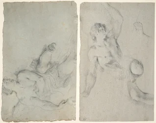 Un angelo in volo e un angelo che si china con il braccio alzato