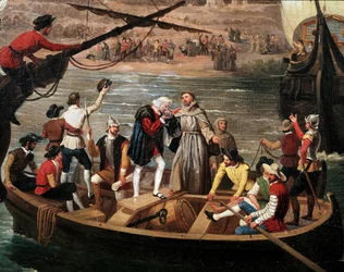 Partenza della Santa Maria, della Pinta e della Nina da Palos nel 1492 - Partenza delle tre caravelle di Cristoforo Colombo (1451-1506) da Palos il 03/08/1492, dettaglio. Dipinto di Antonio Cabral y Bejarano (1798-1861). Palos de la Frontera. Rabida