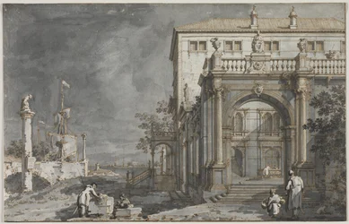 Capriccio: Un palazzo con un cortile vicino alla laguna