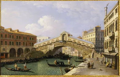 Il Ponte di Rialto a Venezia dal sud con la Fondamenta del Vin e il Fondaco dei Tedeschi