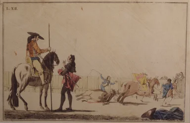Picador che cavalca e trascina il toro