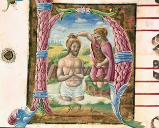 Il battesimo di Cristo Lettrine miniato da Antonio Cicognari. (dettaglio) 1483. Cremona, corale 4, capitolo del duomo