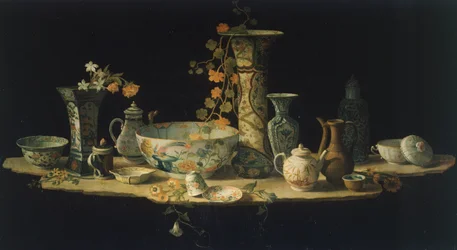 Dipinto preparatorio per un piano di tavolo in pietra dura con vasi di porcellana, ca 1875, di Antonio Cioci