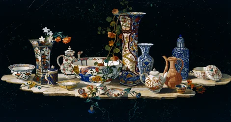 Piano del tavolo con vasi di porcellana, ca 1797, mosaico di pietre semipreziose su marmo, creato nelle officine granducali di Firenze da un modello di Antonio Cioci, cultura italiana