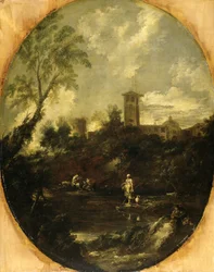 Paesaggio con monaci, 1690-1724 circa (olio su tela)