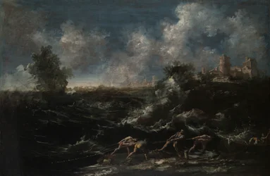 Paesaggio marino con pescatore che tira fuori le reti