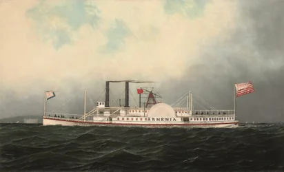 Il battello a vapore Armenia della Hudson River Day Line passa Fort Lafayette, New York Harbor