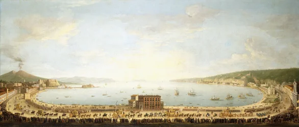 Una vista panoramica della baia di Napoli, con la processione reale a Piedigrotta