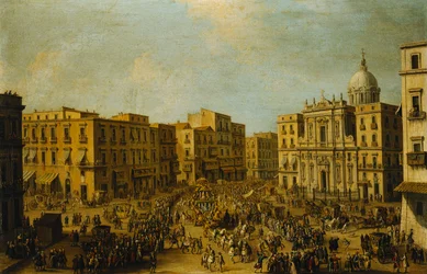 Il Largo San Ferdinando, Napoli, durante il Carnevale con la Carrozza Reale che si Avvicina al Palazzo Reale