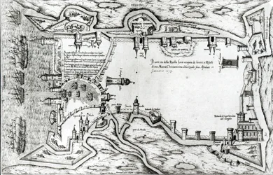 Mappa che illustra La Rochelle occupata dagli Ugonotti