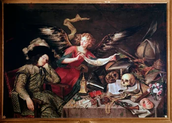 Un angelo mostra il sogno di un cavaliere dormiente, fatto di vanità e orgoglio, gioco, denaro, gioielli